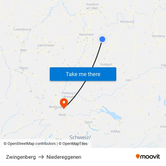 Zwingenberg to Niedereggenen map