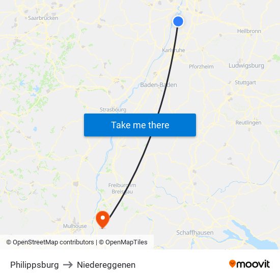 Philippsburg to Niedereggenen map