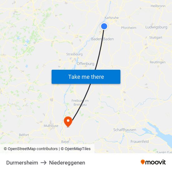 Durmersheim to Niedereggenen map