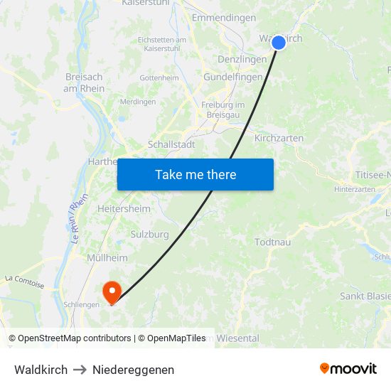 Waldkirch to Niedereggenen map