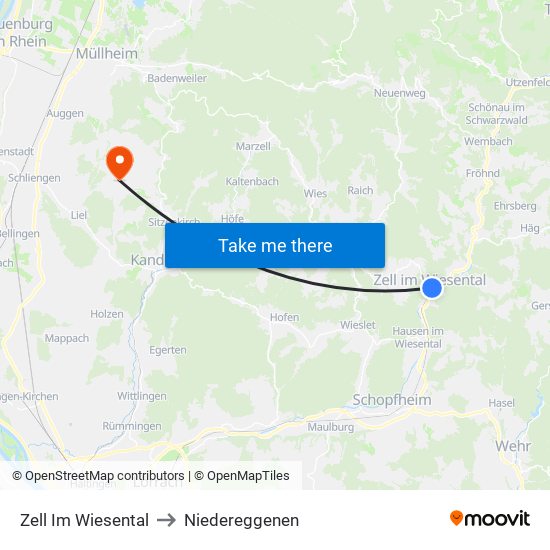 Zell Im Wiesental to Niedereggenen map