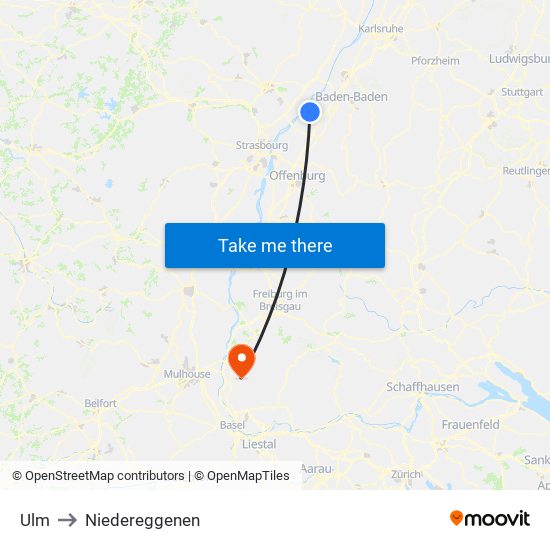 Ulm to Niedereggenen map