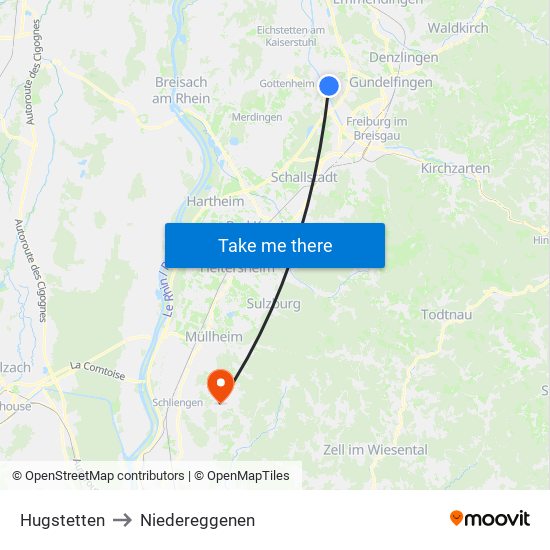 Hugstetten to Niedereggenen map