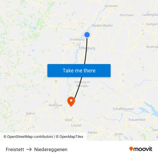 Freistett to Niedereggenen map