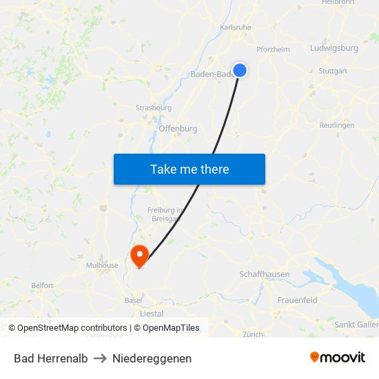 Bad Herrenalb to Niedereggenen map