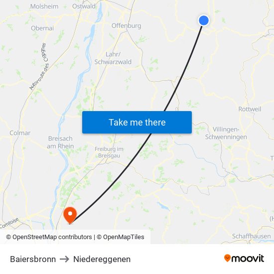 Baiersbronn to Niedereggenen map