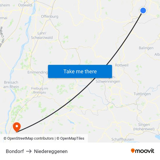 Bondorf to Niedereggenen map