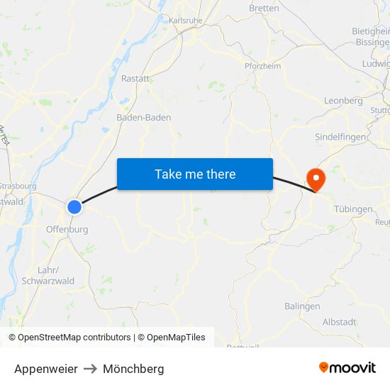 Appenweier to Mönchberg map