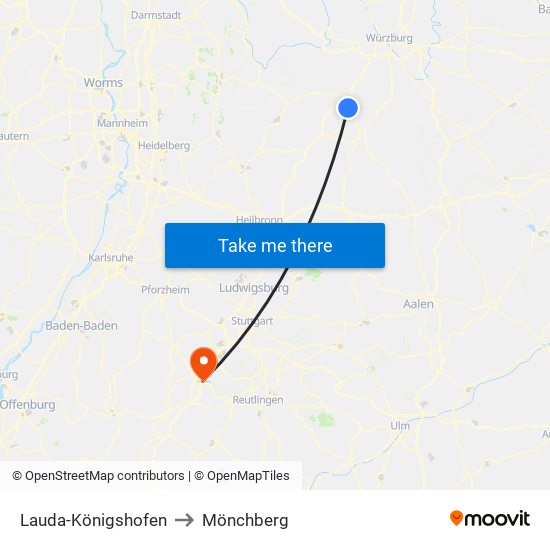 Lauda-Königshofen to Mönchberg map
