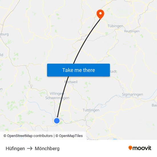 Hüfingen to Mönchberg map