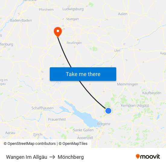 Wangen Im Allgäu to Mönchberg map