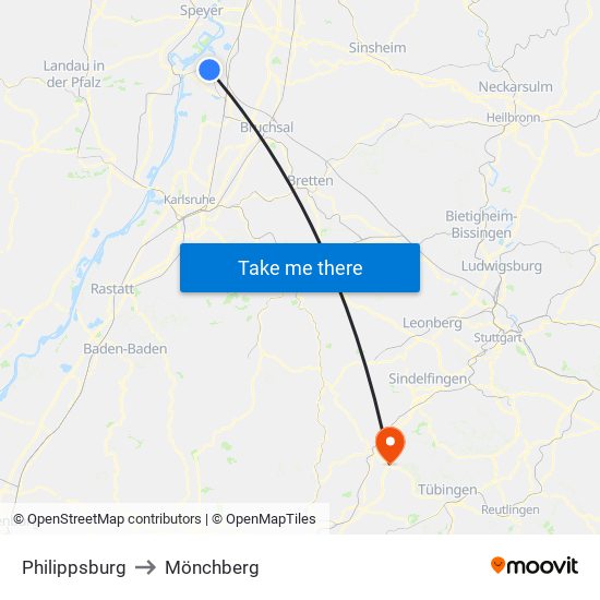 Philippsburg to Mönchberg map