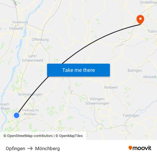 Opfingen to Mönchberg map