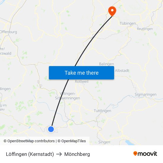 Löffingen (Kernstadt) to Mönchberg map