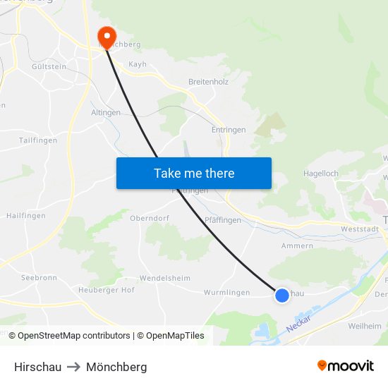 Hirschau to Mönchberg map