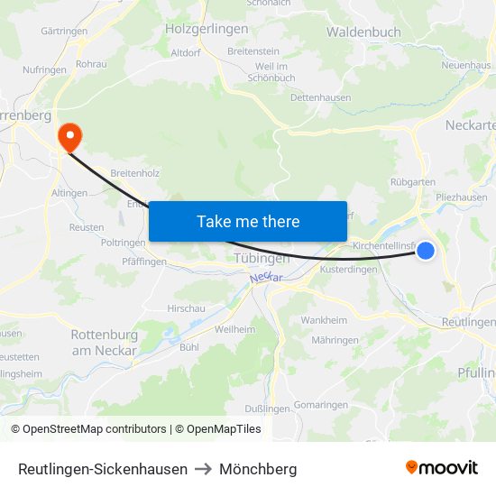 Reutlingen-Sickenhausen to Mönchberg map