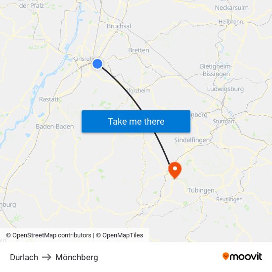 Durlach to Mönchberg map