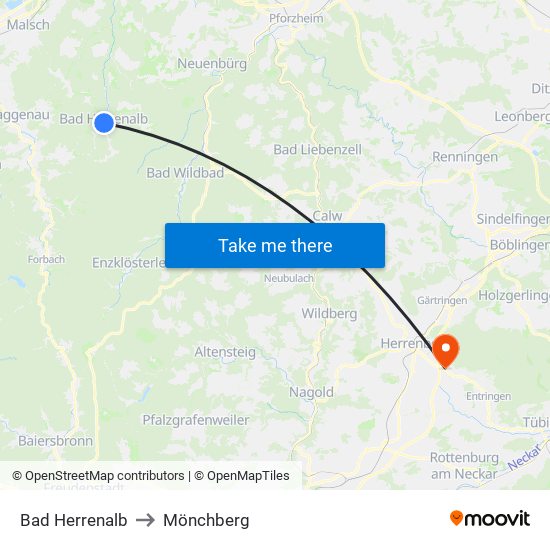 Bad Herrenalb to Mönchberg map