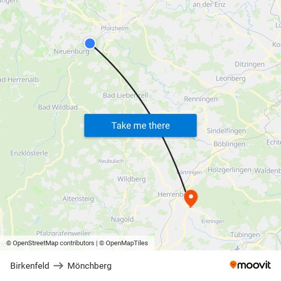 Birkenfeld to Mönchberg map