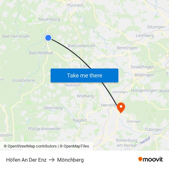 Höfen An Der Enz to Mönchberg map