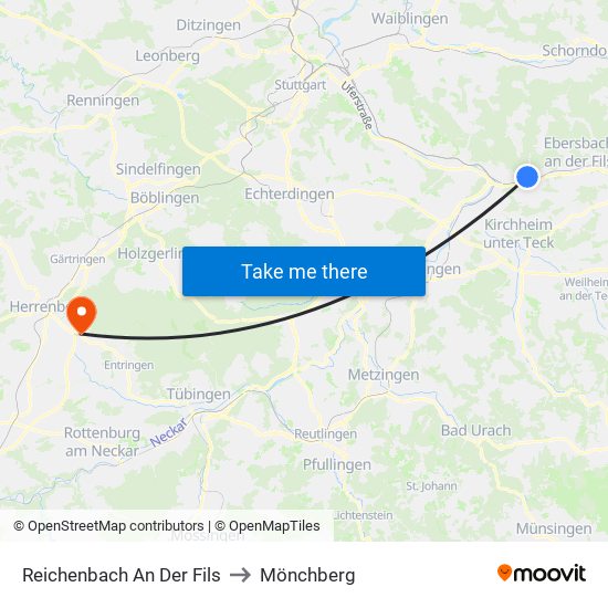 Reichenbach An Der Fils to Mönchberg map