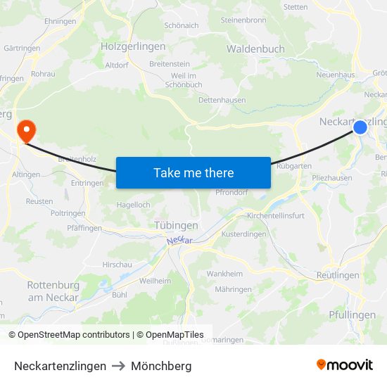 Neckartenzlingen to Mönchberg map