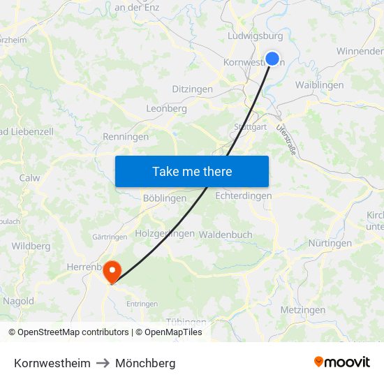 Kornwestheim to Mönchberg map