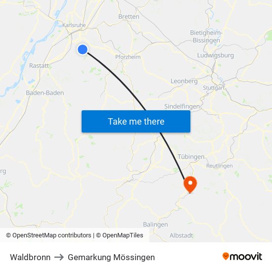 Waldbronn to Gemarkung Mössingen map