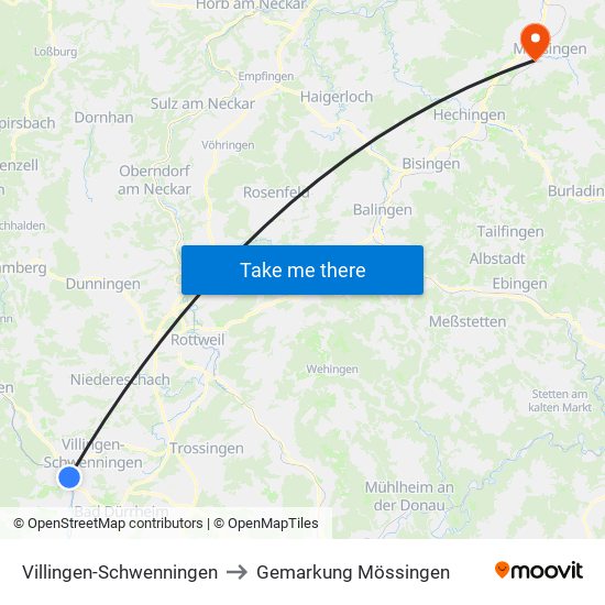 Villingen-Schwenningen to Gemarkung Mössingen map