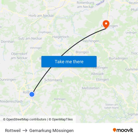 Rottweil to Gemarkung Mössingen map