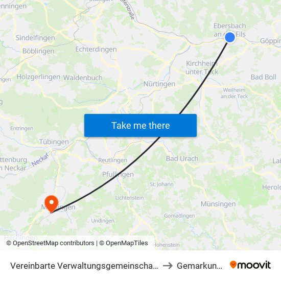 Vereinbarte Verwaltungsgemeinschaft Der Stadt Ebersbach An Der Fils to Gemarkung Mössingen map