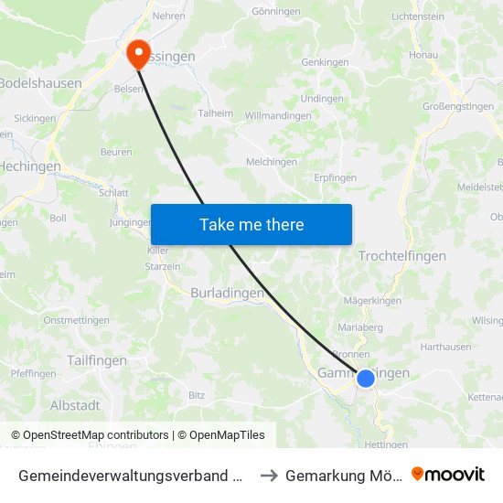 Gemeindeverwaltungsverband Gammertingen to Gemarkung Mössingen map