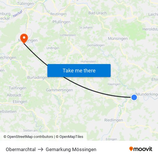 Obermarchtal to Gemarkung Mössingen map