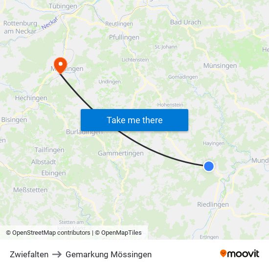 Zwiefalten to Gemarkung Mössingen map