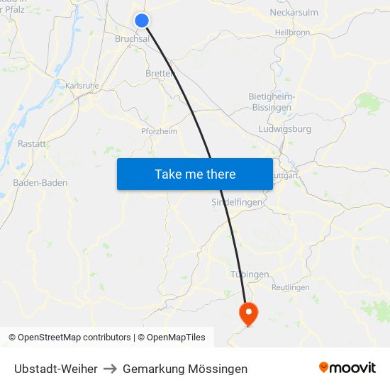 Ubstadt-Weiher to Gemarkung Mössingen map