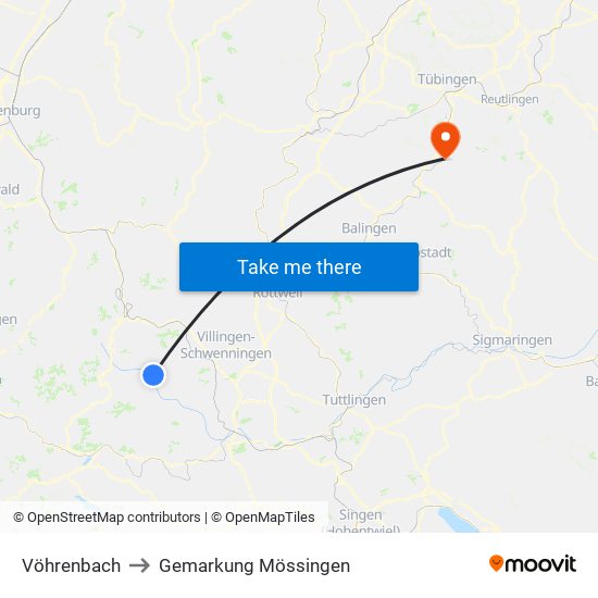 Vöhrenbach to Gemarkung Mössingen map