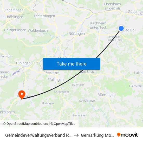 Gemeindeverwaltungsverband Raum Bad Boll to Gemarkung Mössingen map