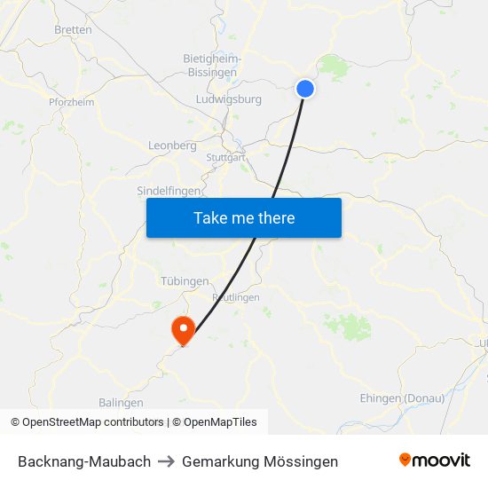 Backnang-Maubach to Gemarkung Mössingen map