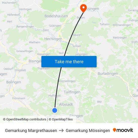 Gemarkung Margrethausen to Gemarkung Mössingen map