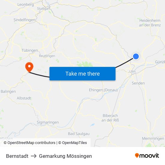 Bernstadt to Gemarkung Mössingen map