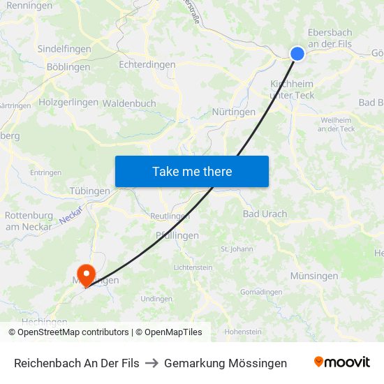 Reichenbach An Der Fils to Gemarkung Mössingen map