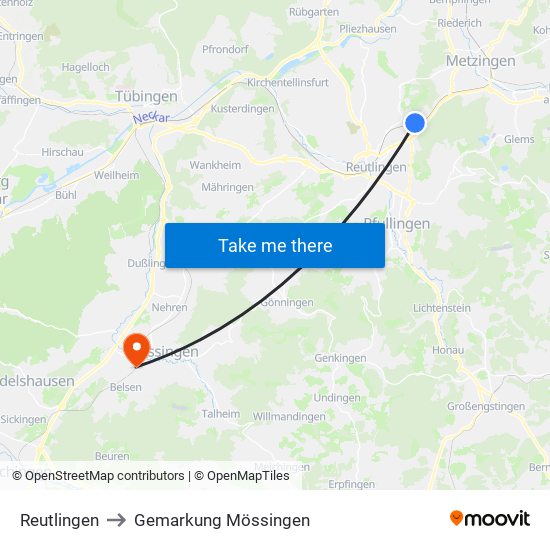 Reutlingen to Gemarkung Mössingen map