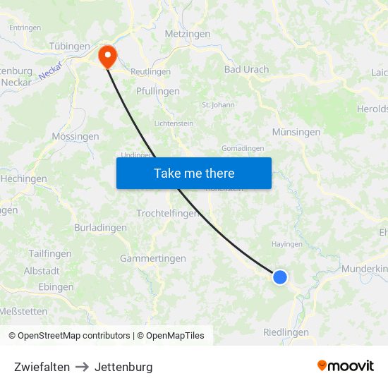 Zwiefalten to Jettenburg map