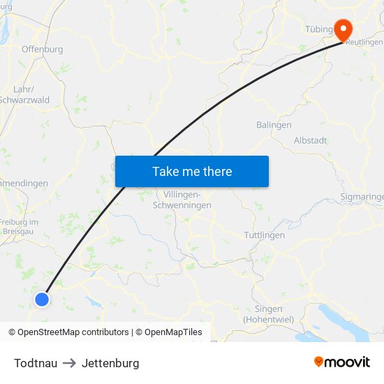 Todtnau to Jettenburg map