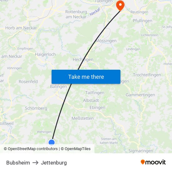 Bubsheim to Jettenburg map