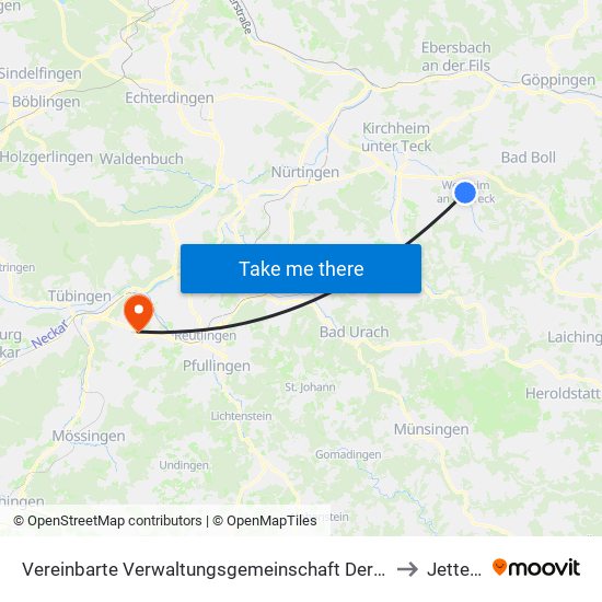 Vereinbarte Verwaltungsgemeinschaft Der Stadt Weilheim An Der Teck to Jettenburg map