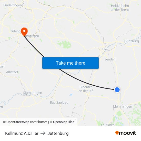 Kellmünz A.D.Iller to Jettenburg map