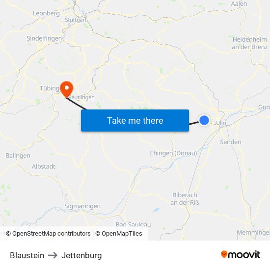 Blaustein to Jettenburg map