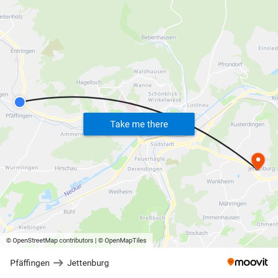 Pfäffingen to Jettenburg map