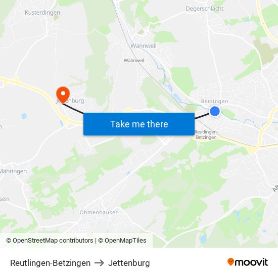 Reutlingen-Betzingen to Jettenburg map